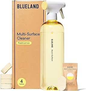 BLUELAND Multi-surface All Purpose Cleaning Spray Bottle with 4 Refill Tablets | Eco Friendly Products & Cleaning Supplies - Fresh Lemon Scent | Makes 4 x 24 Fl oz Bottles (96 Fl oz total)
