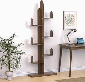 LAZEYARD Cactus Bookshelf, Tree Bookshelf for Bedroom, Solid Wood Geometric Bookcase, Spine Bookshelf and Book Tower with Living Room, Walnut