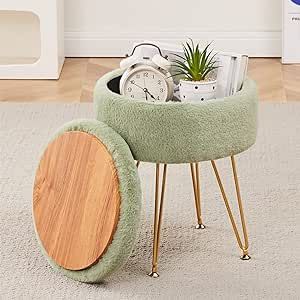 Cplxroc Footrest Footstools Round Faux Fur Ottoman with Storage Space Soft Vanity Chair Seat Coffee Table Ottoman Small Side Table Metal Legs with Adjustable Footings (Green)