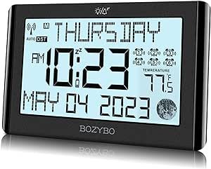 BOZYBO Alarm Clock Digital Wall Clock Battery Operated: Atomic Clock with 6 Alarms, Digital Clock with Date and Day of Week and Backlight for Elderly