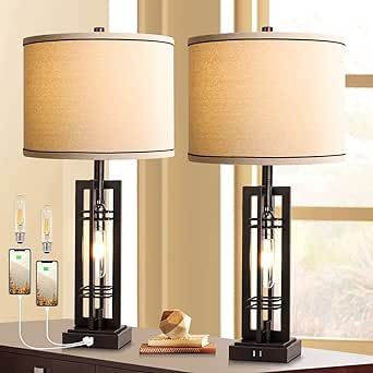 ROTTOGOON Set of 2 Table Lamps with USB Ports, 27.5" Tall Farmhouse with 2 LED Nightlight Blubs, Bedside Lamp Oil Rubbed Bronze Off White Oatmeal Shade for Living Room Bedroom Home Office