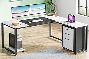 Tribesigns 63" L-Shaped Computer Desk with Mobile File Cabinet, Large Executive Office Desk with 3-Drawer Vertical Filing Cabinet, Business Furniture Sets for Home Office