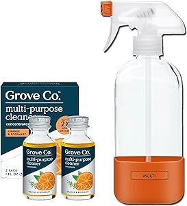 Grove Co. Multi-Purpose Cleaner, Refill Concentrate (2 x 1 Oz) + Glass Spray Bottle (16 Oz), Plant-based Household Cleaning Supplies Bundle, No Plastic Waste, 100% Natural Orange & Rosemary Scent