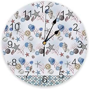 Silent Non-Ticking Wall Clock Decorative for Kitchen, Bedroom, Bathroom, Office, Living Room, Laundry Room, Home Battery Operated - 10 Inch Blue Ocean Shell Coral Fish Scales Wall Clock