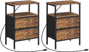 HOOBRO Nightstand with Charging Station, Set of 2, Fabric Drawers, 2-Tier Side Table, End Table with Socket and USB Ports, Bedside Table for Bedroom, Study Room, Rustic Brown and Black BF49UBZP201