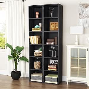 oneinmil Tall Narrow Bookshelf Set of 2,6-Tier Cube Display Rack, Modern Corner Bookshelf with Storage Space, Storage Cabinet for Home Office,Black