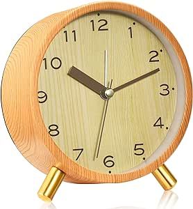 Analog Alarm Clocks,4.5" Retro Wood Grain Metal,Simple Design Small Desk Clock with Sound-Activated Night Light,Non-Ticking Silent,Battery Operated,for Bedroom,Bedside Desktop (Light Colored)
