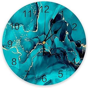 Silent Non-Ticking Wall Clock Decorative for Kitchen, Bedroom, Bathroom, Office, Living Room, Laundry Room, Home Battery Operated - 10 Inch Teal Marble Texture Golden Lines Abstract Art Wall Clock