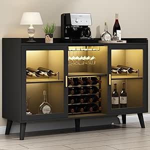 Loomie Wine Bar Cabinet with LED Light, Home Coffee Cabinet with Wine Rack and Glass Holder, Kitchen Buffet Sideboard W Storage Shelf, Freestanding Liquor Cabinet for Living Room, Dining Room (Black)