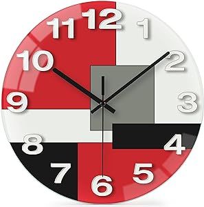 WISKALON Abstract Geometric Glass 12" Wall Clock in White, Grey, Red and Black - Battery Operated, Silent Non Ticking Quartz Clock for Home, Kitchen, Living Room, Bathroom, Bedroom, or Office Decor