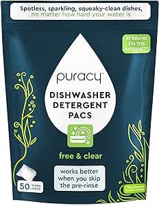Puracy Dishwasher Pods, 50 Count, Natural Detergent, Free & Clear Enzyme-Powered Automatic Dishwasher Pod, Spot and Residue-Free Dish Tabs, 2-in-1 Soap and Rinse Aid