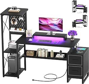 Computer Desk with 2 Fabric Drawers, Reversible Home Office Desk with Power Outlet & LED Lights, 53" Writing Desk with Monitor Stand & Storage Shelves, Gaming Desk Study Table with Pegboard, Black