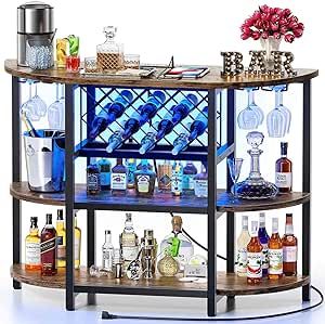 Zarler Bar Table Cabinet with Power Outlet, LED Home Mini Bar for Liquor and Glasses, Metal Wine Bar Stand with 4-Tier Storage, Brown