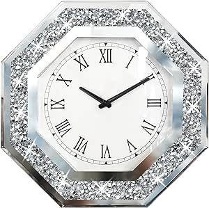XIHACTY Wall Clock, Octagon Mirror Glass Clock, Cute Diamond 12-inch Non-Ticking Clock for Wall Decor, Perfect Home Decor for Bedroom, Bathroom Motif, Dining Room(Excluding Batteries.)