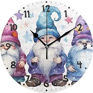 Bulletgxll Christmas Gnome Wall Clock 10 Inch Silent Non-Ticking Battery Operated Round Wall Clock for Living Room, Home, Bathroom, Office Decor
