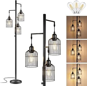 QiMH Industrial Floor Lamp for Living Room,LED Farmhouse Standing Lamp with 3 Birdcage Hanging Shade, Dimmable Tall Lamp Rustic Home Decor for Bedroom Office, Black (Bulbs Included)