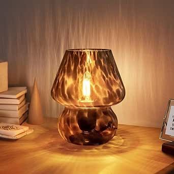 ONEWISH Mushroom Lamp Small Vintage Table Lamp for Bedroom Nightstand, Bedside Lamp Translucent Glass Stepless Dimmable, Murano Aesthetic Home Decor for Living Room Kitchen Mother's Day Gift(Black)