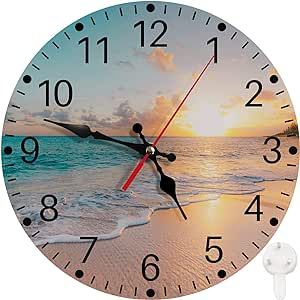 Round Wall Clock Non-Ticking Silent Battery Operated Clock 12 Inch, Sea Beach Blue Sky Sand Home Decor for Living Room, Kitchen, Bedroom, and Office