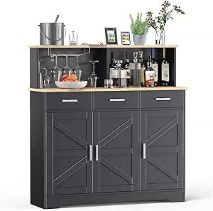 yacchi home Buffet Cabinet with Storage, 47" Large Double-Layer Sideboard Cabinet, Kitchen Cabinet with 3 Drawers and Movable Laminate, Durable Wood Coffee Bar Cabinet for Kitchen Dining Room(Black)
