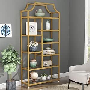 Loomie 8-Open Shelf Bookshelf, 70.87" H x 31.5" L Lux Etagere, Tempered Glass Bookcase, Tall Storage Display Modern Open Book Case for Bedroom, Home Office & Living Room, Gold Finish & Glass Shelving