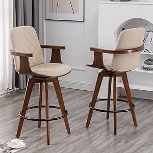 WUPOTO Bar Stools Set of 2, Upholstered Faux Leather Counter Height Bar Stools, Swivel Barstools with Wooden Arms and Legs, 25.6-Inch Seat Height (Beige, Pack of 2)