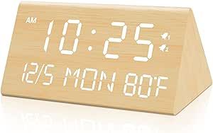 fomobest Wooden Digital Alarm Clock, 0-100% Dimmer, Dual Alarm Settings, Weekday/Everyday Mode, 9 Mins Snooze, 12/24H, Temperature and Date Display, Modern Clock for Kids Bedroom Living Room