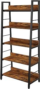 BATHWA 5 Tier Book Shelf, Industrial Rustic Open Wood Metal Ladder Bookshelf Accent Bookcase, Morden Ladder Shelf for Living Room/Bedroom/Home Office, Rustic Brown Wooden Vintage 28'' Wide Shelf