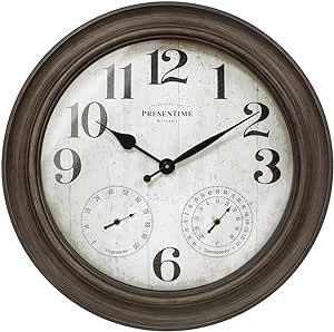 PresenTime & Co. 26" Clifton in/Outdoor Farmhouse Clock with Thermometer & Hygrometer as All in One Weather Station, Farmhouse Wall Art and Timepiece for Home Decoration, Grey Oak Finish