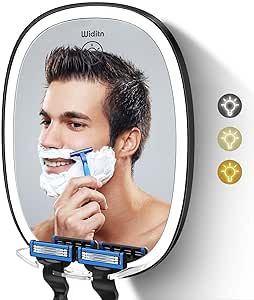 Widitn LED Shower Mirror Fogless for Shaving, Adjustable Shaving Mirror with Razor Holder, 3 Colors Dimmable Lighting, Wall-Mounted, Shatterproof Anti-Fog Bathroom Shower Mirror for Man