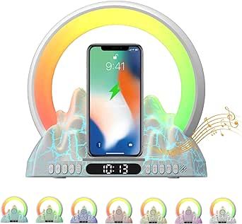 VEEKI Sunrise Alarm Clock Wake Up Light, Smart Light Alarm Clock with Wireless Charging & Sleeping Sound Machine, Color Changing Ambient Light, Bluetooth Speaker Night Lamp Christmas Gift (White)