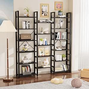 oneinmil Triple Wide 6-Shelf Bookcase Industrial Vintage Wood Style Large Open Bookshelves for Home&Office, Rustic Brown (6 Tier,Black)