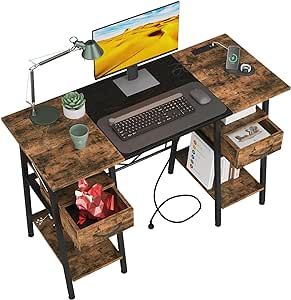 YAOHUOO 47 Inch Computer Desk with 2 Wooden Drawers/Power Outlet/USB Charging Port, Home Office Desks with Storage Shelves for Bedroom,Modern Writing Desk,Work Desk,Study Table(Rustic Brown)
