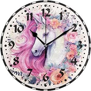 xigua Unicorn Wall Clock, Silent Non Ticking 10 Inch Battery Operated Wall Clocks, Easy to Read Clock for Home Kitchen Living Room Bathroom Office Decor