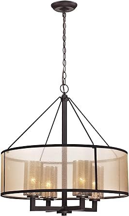 Elk Home Diffusion 24-inch Chandelier – 57027/4 Drum Pendant w/Beige Fabric and Mercury Glass in Oil Bronze Metal - Transitional, Mid-Century Modern Home Decor - Dimmer, Smart Home and LED Compatible