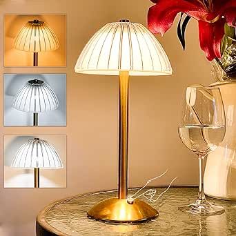 Portable Mushroom LED Table Lamp with Touch Sensor - 3 Color Dimmable and Adjustable Brightness,Rechargeable Gold Cordless Brass Lamp, Battery Powered Desk Lamp for Nightstand, Living Room, Bedroom