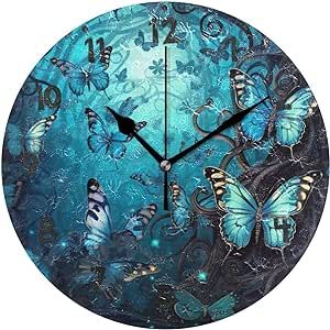 Bulletgxll Blue Butterflies Wall Clock 10 Inch Silent Non-Ticking Battery Operated Round Wall Clock for Living Room, Home, Bathroom, Office Decor