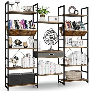 NUMENN Triple Wide 5 Tier Bookshelf, Adjustable Rustic Industrial Style Book Shelves, Modern Bookcases and Bookshelves Furniture for Bedroom, Living Room and Home Office, Vintage Brown