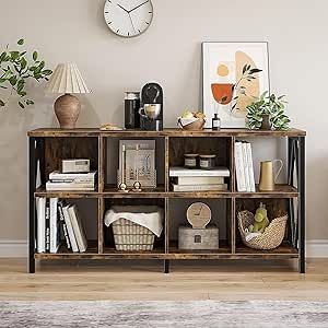 SOMEET 8 Cubes Open Bookshelf with Back Panel, Horizontal Organizer Cubby Storage Bookcase with Legs, Industrial Rustic Wood and Metal Long Display Cabinet Shelf for Living Room, Walnut Brown