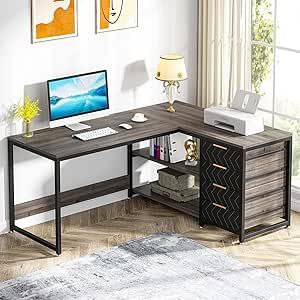 Tribesigns L Shaped Computer Desk with Storage Drawers, 59 inch Corner Desk with Shelves, Reversible L-Shaped Office Desk Writing Table Workstation for Home Office, Grey