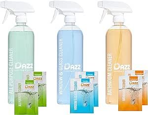 Dazz Whole House Starter Kit (3 Reusable Spray Bottles, 6 Refills) Natural All Purpose Cleaner, Glass and Window Cleaner, and Bathroom Cleaner - Eco Friendly, Non Toxic
