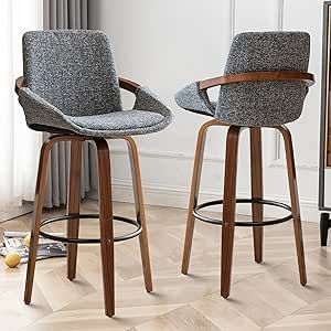 LUNLING 29.5" Bar Height Barstools Set of 2 Mid Century Modern Retro Bar Chairs Charcoal Grey Linen Look Fabric Upholstered and Walnut Wood Frame for Home Bar Furniture(Gray)