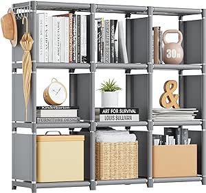 Mavivegue Book Shelf, 9 Cube Storage Organizer, DIY Bookcase, Metal Cube Bookshelf,Tall Book case for Bedroom, Living Room,Office,Closet Storage Organizer, Grey Cubicle Storage Rack