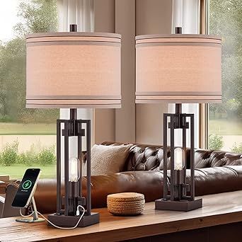 KIVDITZO Rustic Farmhouse Table Lamps with Night Light Set of 2 Dark Bronze Finish Round Shade 5V/2A USB Charging Ports Nightstand Lamp for Living Room Bedroom Home Office Study.