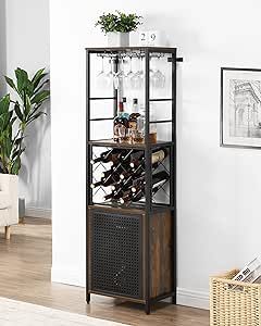 O&K FURNITURE Wine Bar Cabinet for Liquor and Glass, Free Standing Wine Rack, Bar Liquor Cabinet, Floor Wine Cabinet with Adjustable Shelf for Living Room, Home Bar(Vintage Brown)