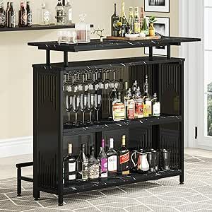 Tribesigns Home Bar Unit, 3 Tier Liquor Bar Table with Black Faux Marble Shelves and Stemware Racks, Wine Bar Cabinet Mini Bar with Acrylic Front for Home Kitchen Basement Pub