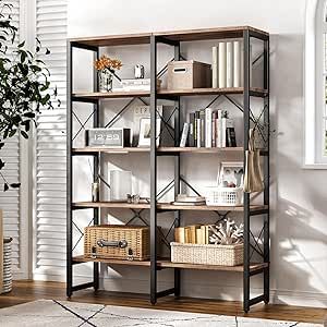oneinmil Double Wide 5-Tier Bookshelf, Industrial Bookcases with Metal Frame, Open Large Book Shelf, Wood and Tall Display Shelves for Home and Office, Rustic Brown and Black