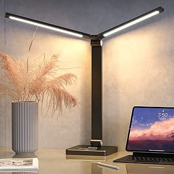 Torchlet Desk Lamp for Home Office, Double Head LED Modern Desk Light, Touch Control Adjustable Brightness Color Temperature, USB Charging Port for Drom/Reading/Bedroom