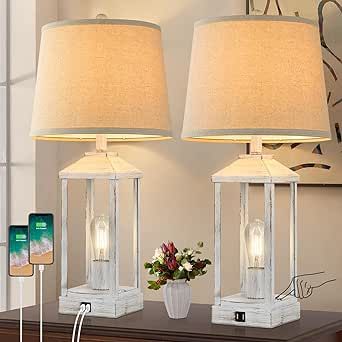 27.5" Farmhouse Table Lamps Set of 2 with USB Ports, 2 Light 3-Way Dimmable Touch Control Nightstand Lamp, Modern Desk Lamps for Living Room, Bedroom, Home, Office, 2 Bulbs Included, White