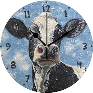 Bulletgxll Cute Cow Wall Clock 10 Inch Silent Non-Ticking Battery Operated Round Wall Clock for Living Room, Home, Bathroom, Office Decor