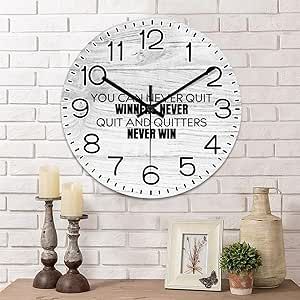 Mighun You Can Never Quit Winners Never Quit and Quitters Never Win Wall Clock Quote Sayings 10 Inch Wall Clocks Battery Operated Silent Non-Ticking Rutic Hanging Clock for Bedroom Living Room
